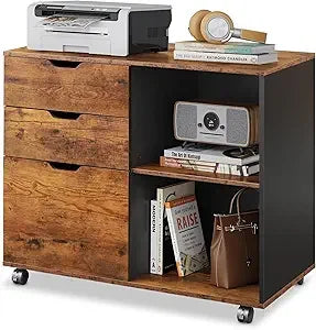 3-Drawer Wood File Cabinet Mobile Lateral Filing Cabinet Printer Stand with Open Storage Shelves for Home Office White