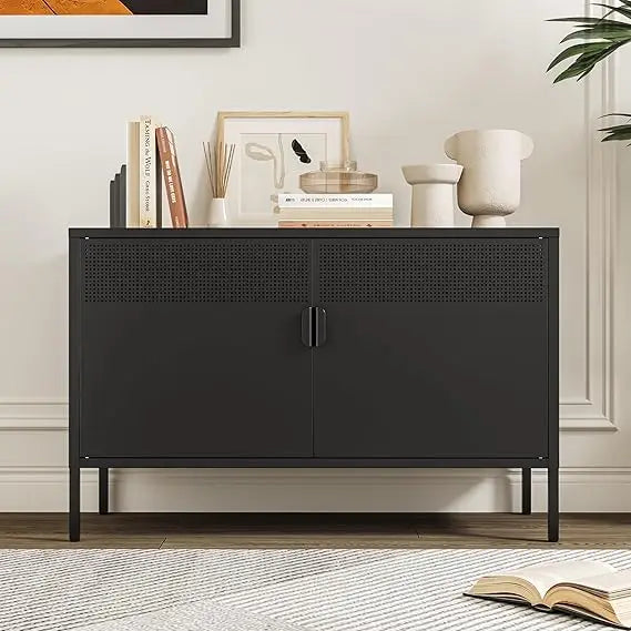 Black Metal Storage Cabinet,Metal Locker Storage Cabinet with 2 Mesh Doors and Adjustable Shelves,Kitchen Pantry