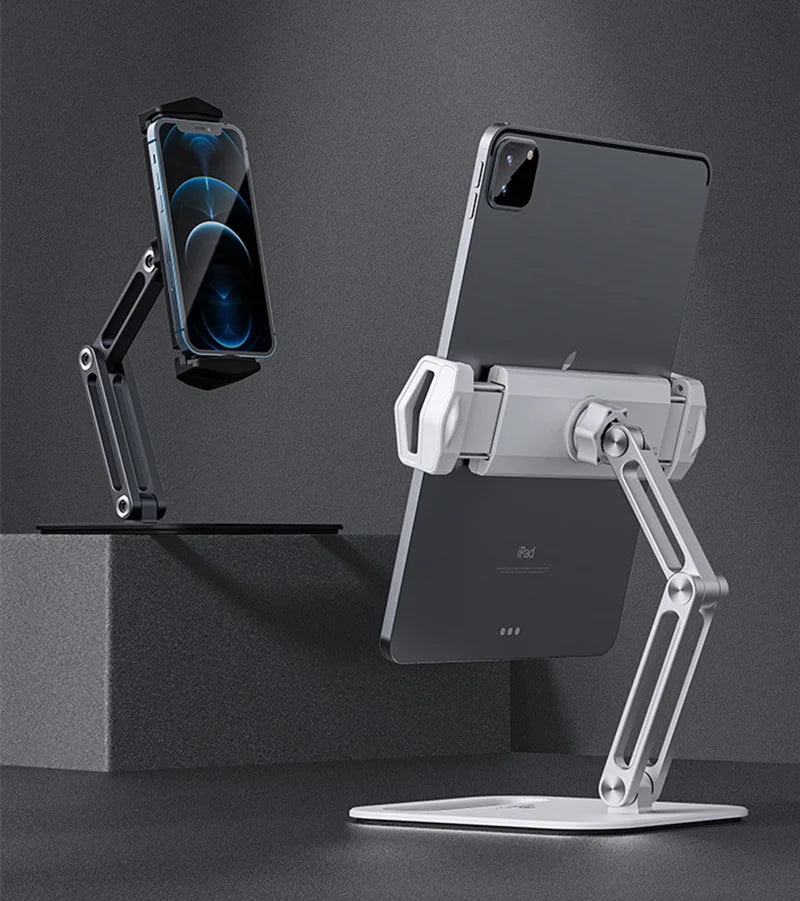 Long Arm Aluminum Alloy Tablet Stand Adjustable Folding iPad Stand Ergonomic 360°Rotatable Tablet and Phone Clamp Mount