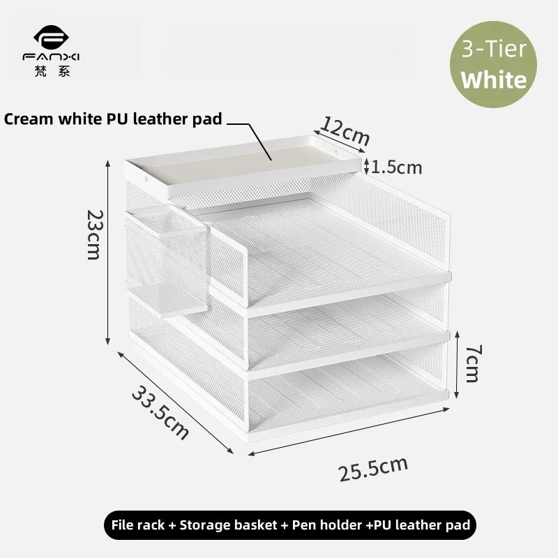 Metal File Stack Stackable Desk Organizer Office Desktop Organizer Multilayer File Tray with a Hanging Pen Holder Desk