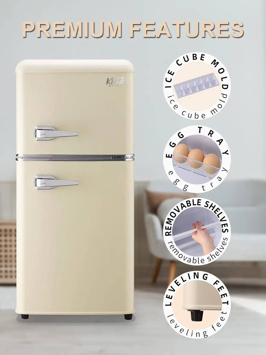 KRIB BLING 3.2 Cu.ft Compact Refrigerator Mini Fridge with Freezer Retro Design Small Drink Chiller for Home Office