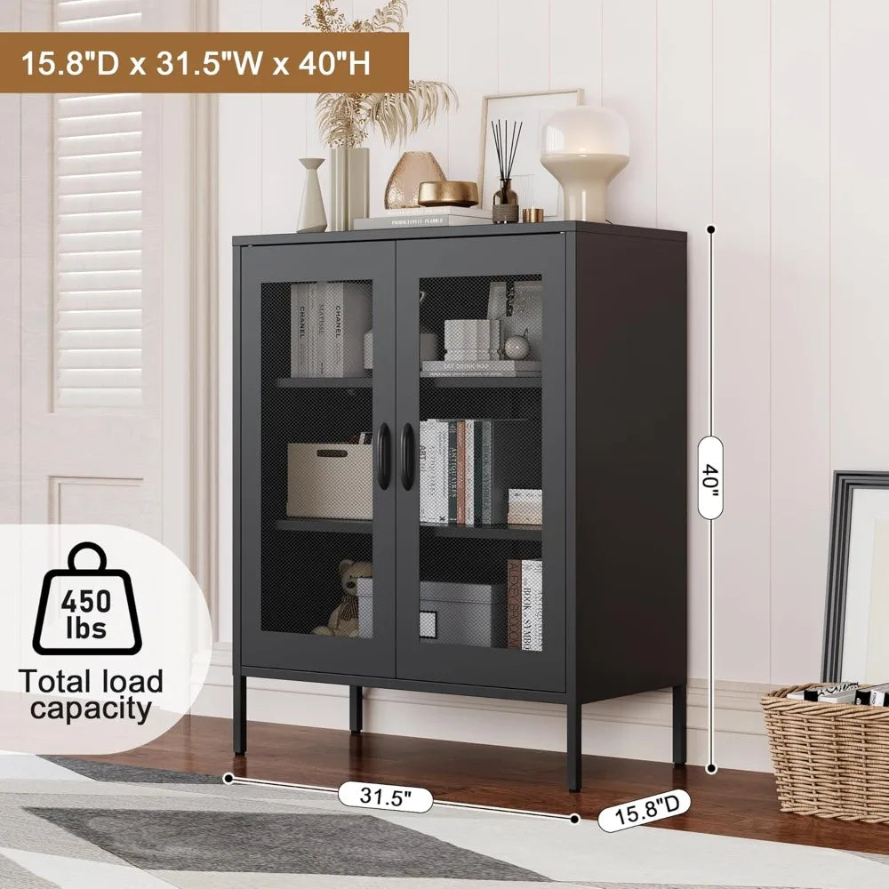 Black Metal Storage Cabinet,Metal Locker Storage Cabinet with 2 Mesh Doors and Adjustable Shelves,Kitchen Pantry