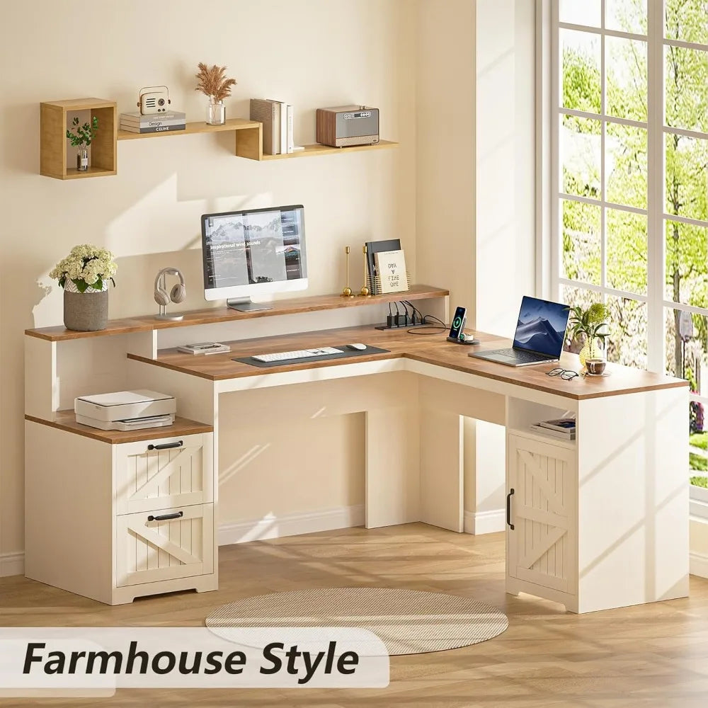 63’’ Farmhouse L Shaped Executive Desk with Drawers & Storage Shelf Corner Computer Desk with Power Outlets L Shaped