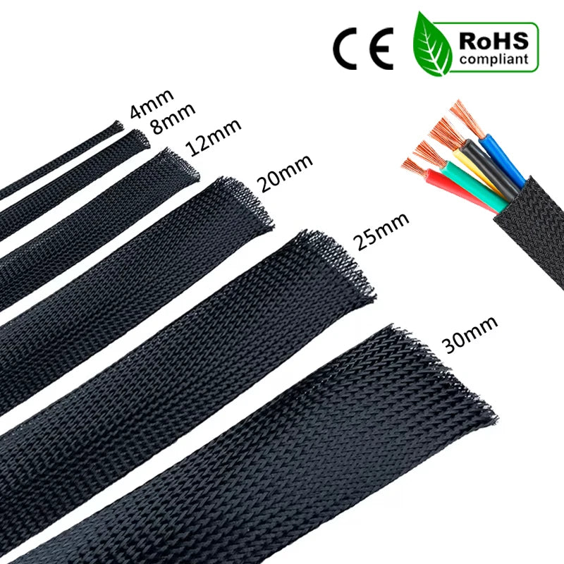 1/5/10M Black Insulated Braid Sleeving 6/8/10/30mm Tight PET Wire Cable Gland Protection Cable Sleeve Flame Retardant