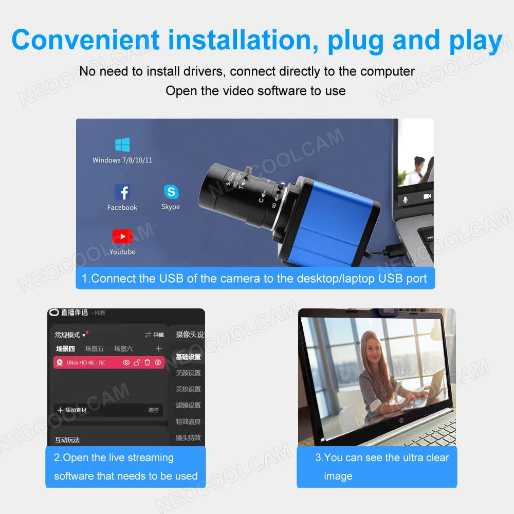 30fps Industrial 4K 8MP CCD IMX415 USB Webcam With 2.8-12mm/5-50mm Manual zoom Lens 2K 4MP UVC OTG PC Video Camera