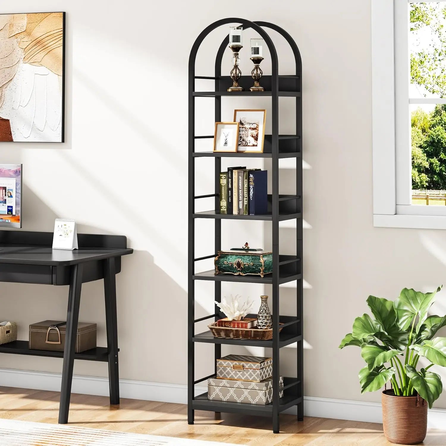 78.7’’ Tall Arched Bookcase 6-Tier Open Bookshelf Industrial Bookcase for Living Room Study Bedroom Black - Black