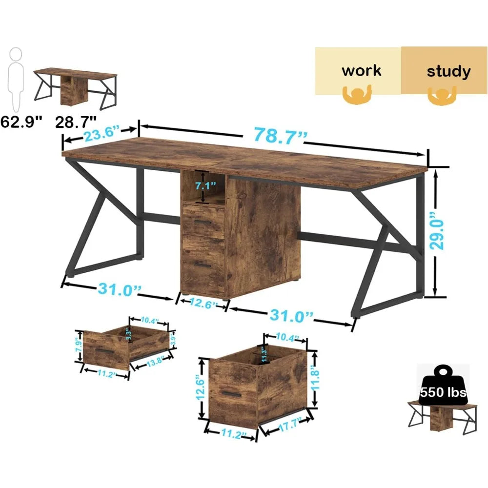 79’’ Two Person Office Desk,Large Double Long Pc Desk with File Drawer 2 Person Computer Desk with Storage Cabinet