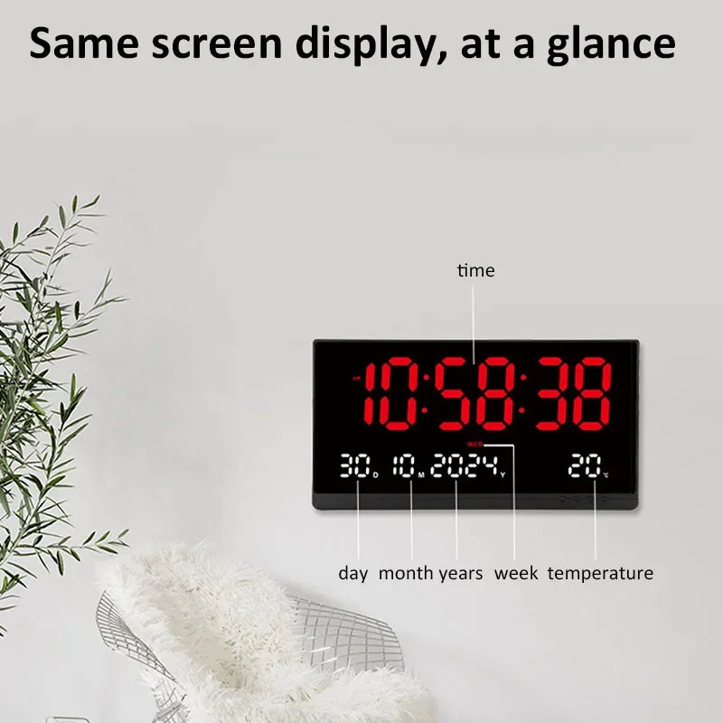 21 Inch Large Digital Wall Clock USB Powered Time Calendar 12/24H Time/Day/Month/Year/Temp Display Electronic LED Alarm