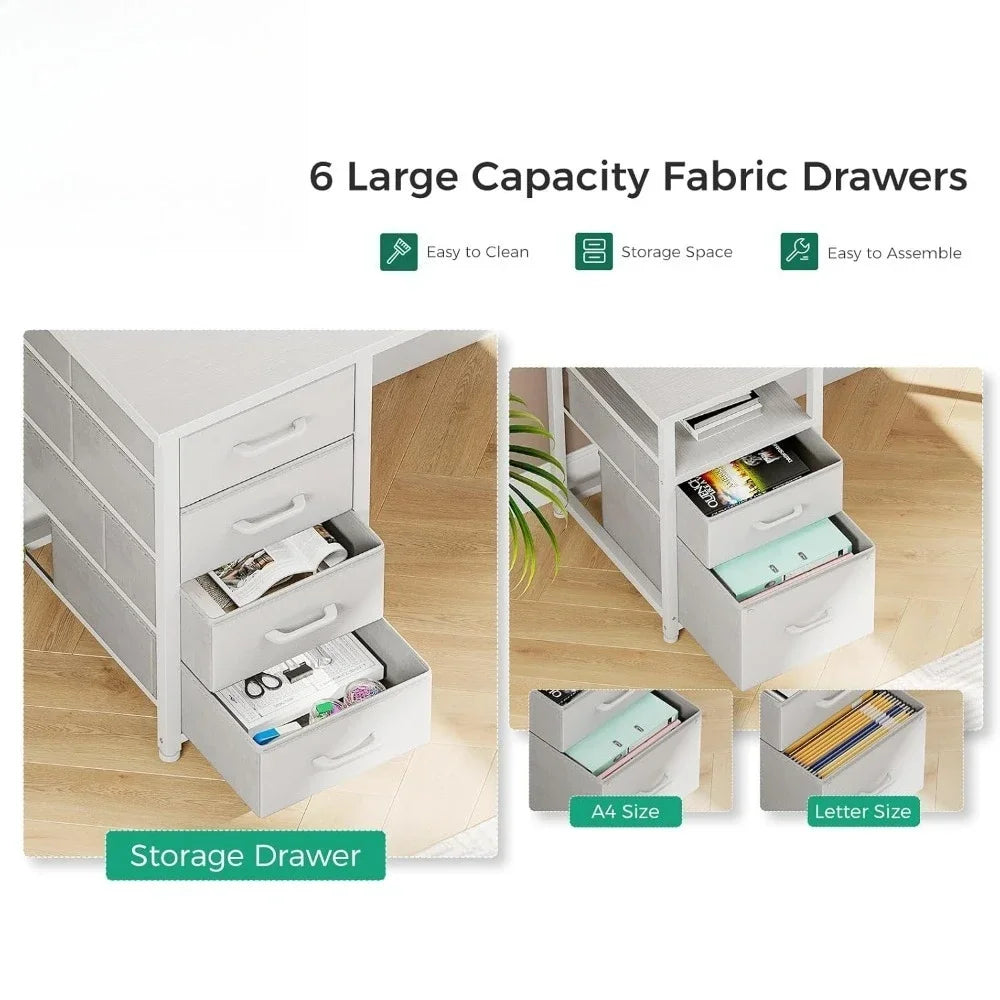 66’’ L Shaped Computer Desk 113“ Reversible Home Office Desk with File Cabinet & 4 Fabric Drawers Two Person Desk