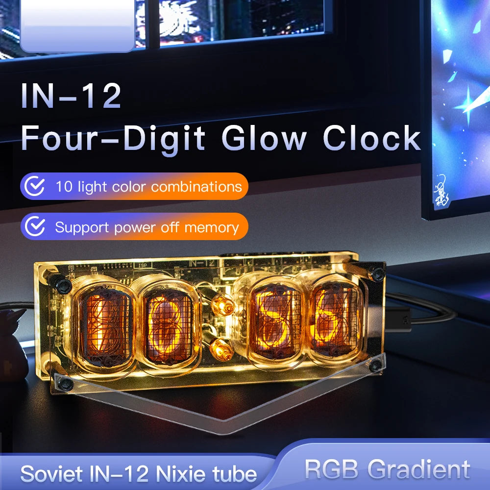 4-bit IN-12 Glow Tube Clock IN12 Nixie Clock Base Gift Ambient Lighting Computer Desktop Accessories Advanced Version