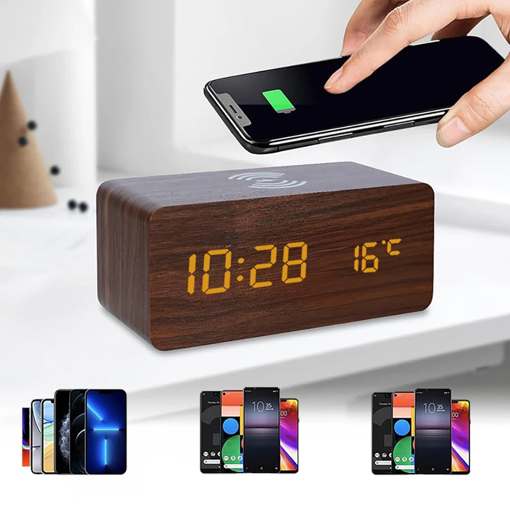 Wooden Digital Alarm Clock with Wireless Charging Temperature Display LED Desk Clock for Office Bedroom Bedside Décor