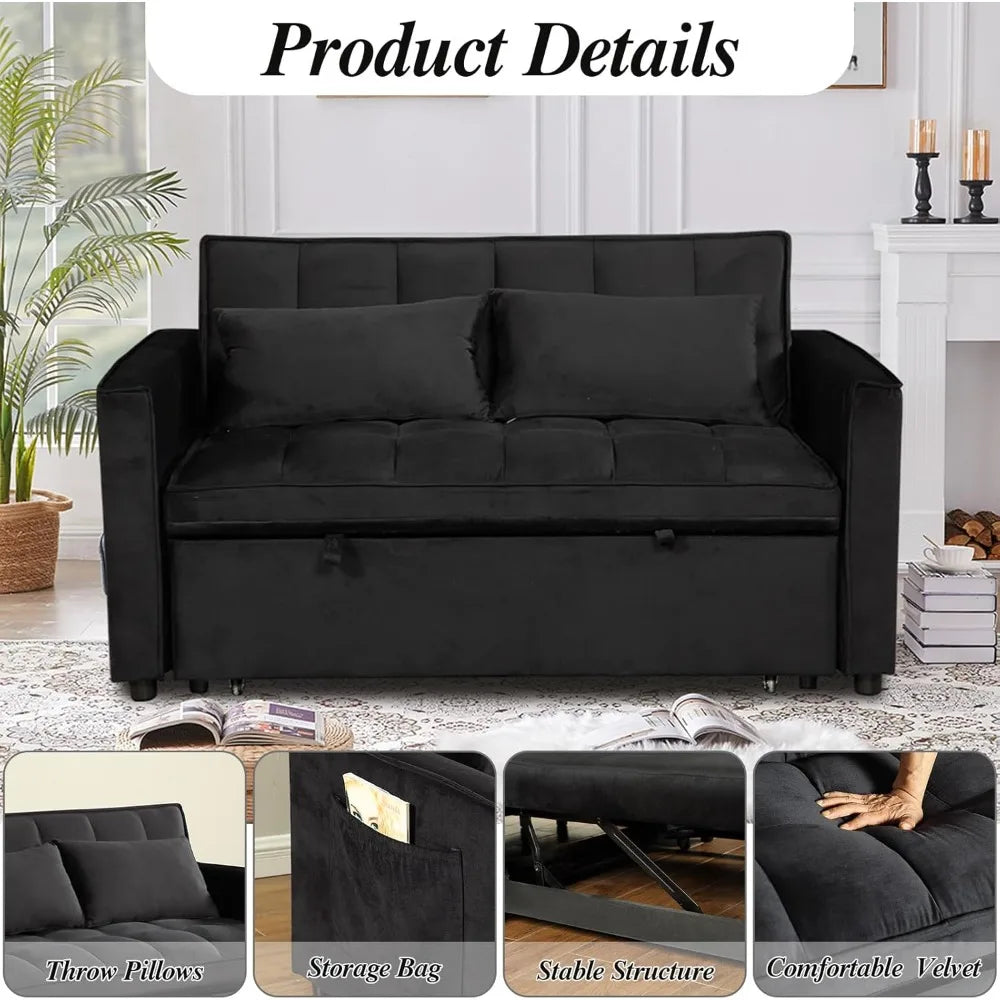 Sleeper Sofa Velvet Pull Out Sofa Bed Convertible Sofas Couch Adjustable Backrest Loveseat Sofa Couch Side Pocket