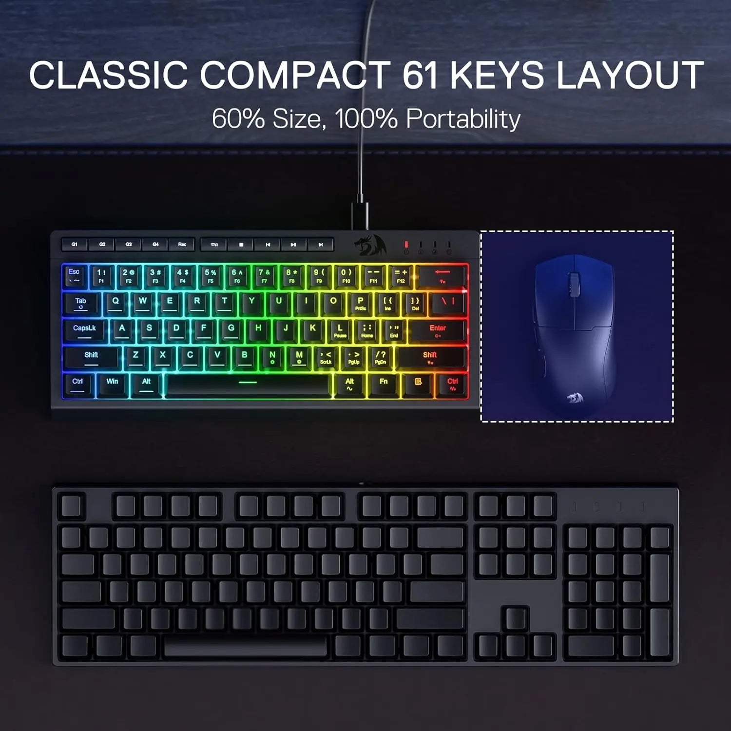 Redragon K522 60% Wired RGB Membrane Gaming Keyboard,Compact 61 Keys Linear Mechanical-Feel Switch - Desktop