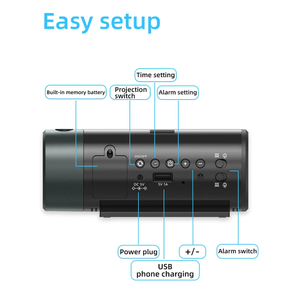 Projection Digital Alarm Clock with 180° Rotatable Projector Clear LED Display4-Level Brightness Dimmer for Bedroom