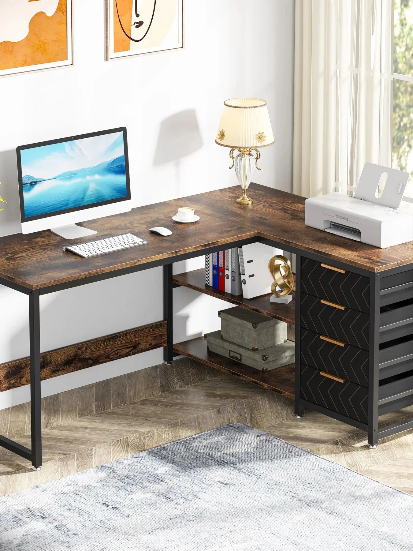Tribesigns L Shaped Computer Desk with Storage Drawers 59 inch Corner Desk with Shelves Reversible L-Shaped Office Desk