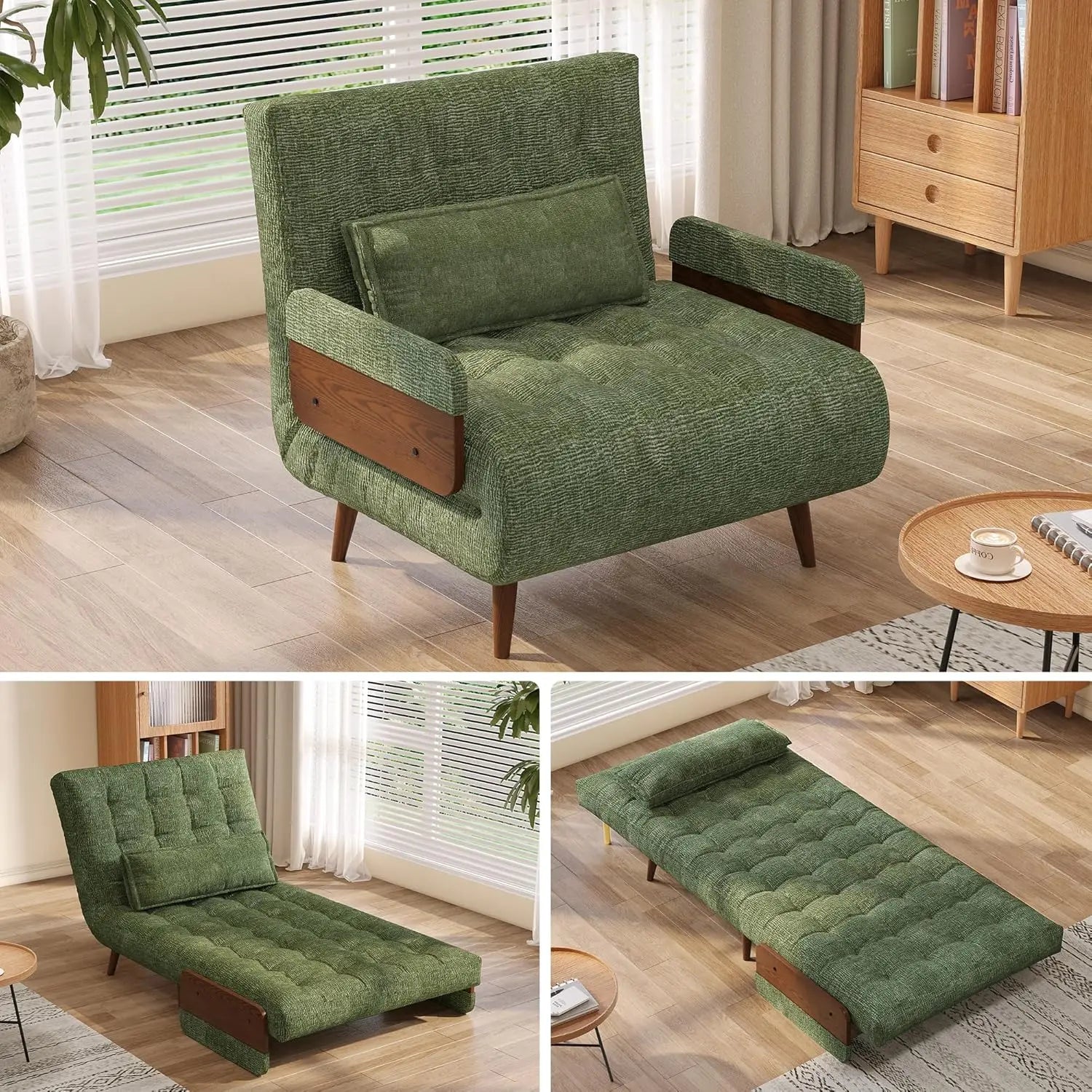 3-in-1 Convertible Chair Bed Sleeper for Adults Linen Convertable Sleeper Chair with Wooden Arms & Pillows Foldable