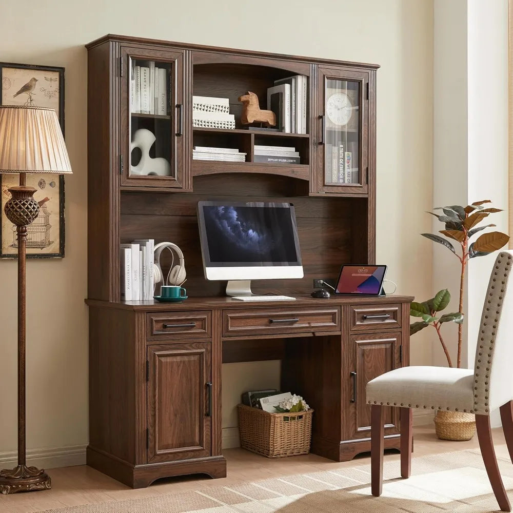 Farmhouse 76’’ Height Computer Desk with Hutch Office Desk with Charging Station Drawers And Storage Cabinet