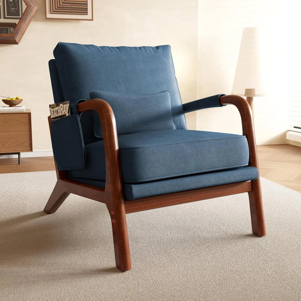 Mid Century Modern Accent Chair with Pillow & Pocket Upholstered Armchair with Solid Wood Frame & Soft Cushion