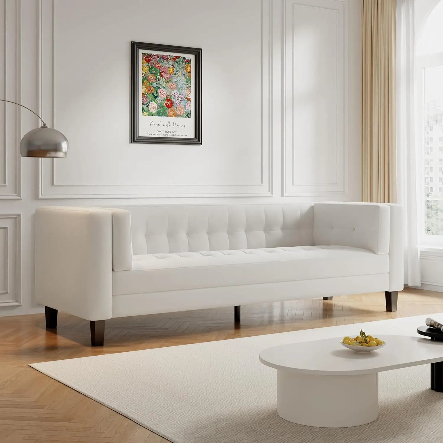 89.7’’ Minimalist Velvet 3-Seater Sofa with Tufted Cushions Modern Mid-Century Accent Deep Seat Couch with Solid Wood