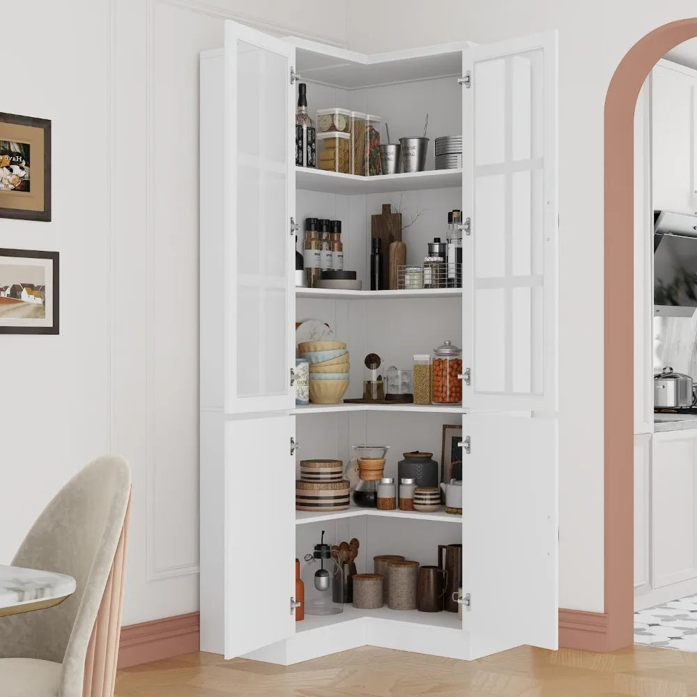 Corner Glass Door Bookshelf L-Shaped 5-Tier Bookcase Tall 78.9 Kitchen Corner Storage Cabinet Grilled Glass Design