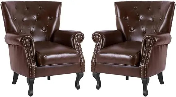 PU Leather Accent Chair Mid-Century Modern Armchair Living Room Club Chair with Tufted Button & Rivet Trim Upholstered