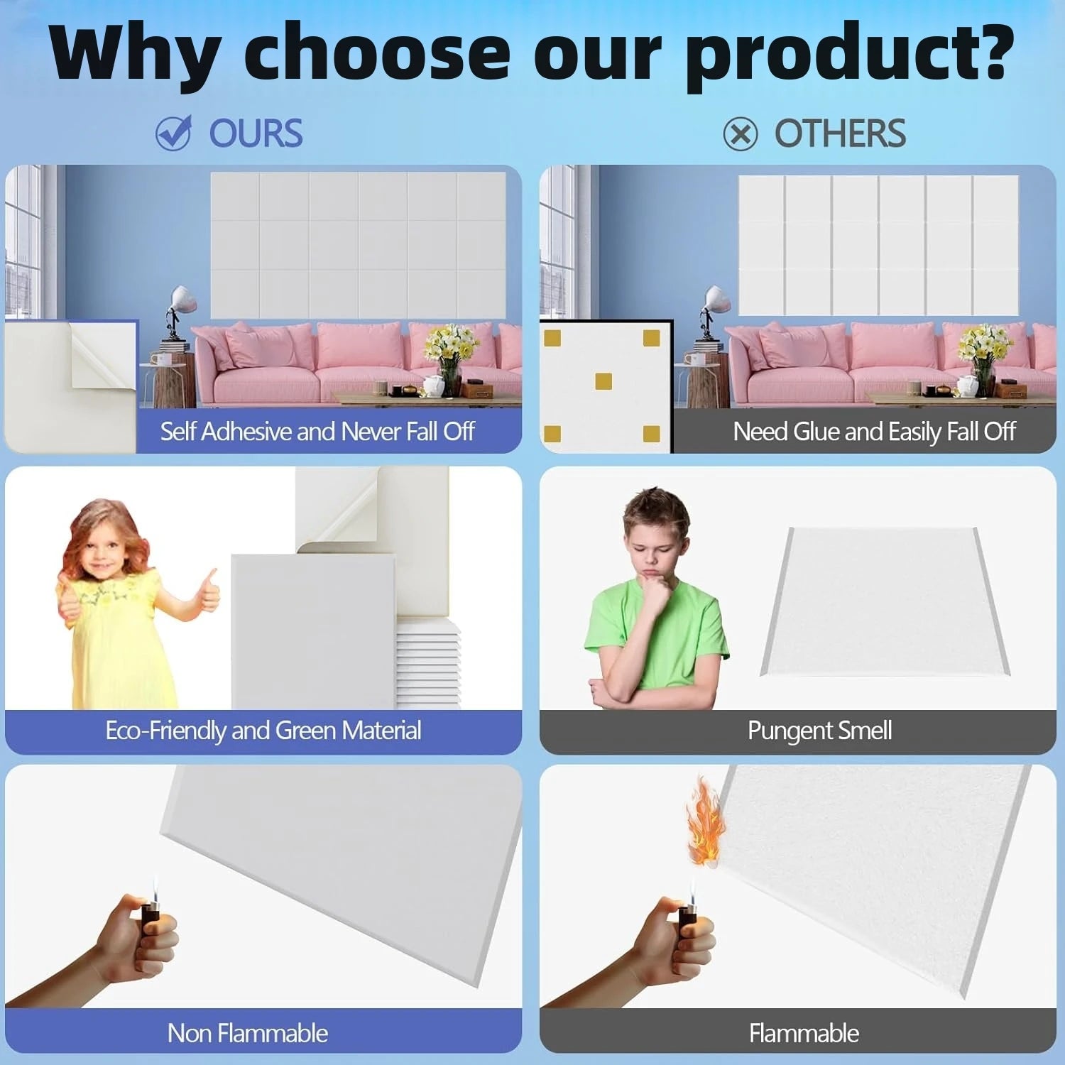 6-12PCS Large Cork Board Alternative Felt Wall Tiles Self-Adhesive Wall Panels Bulletin Board Pin Board for Office