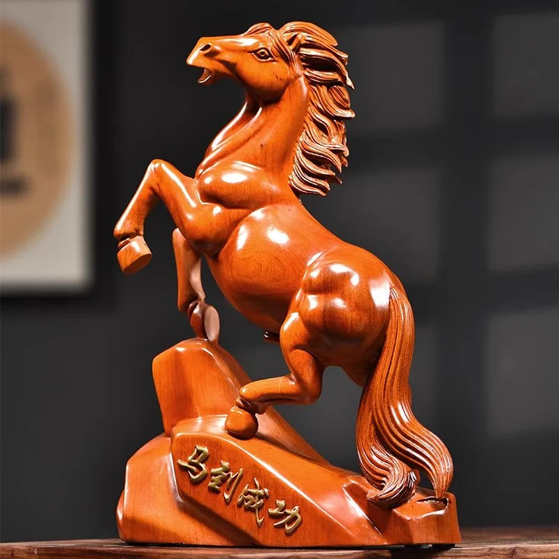 Rosewood Carved Horse Statue - Wealth Lucky Zodiac Horse Decor for Home/Office Desk Chinese Feng Shui Craft Gift