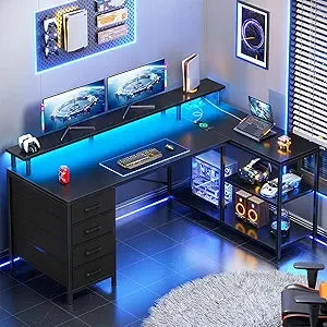 SEDETA L Shaped Desk with 4 Drawers and Storage Shelves L Shaped Gaming Desk with LED Lights & Power Outlets Computer