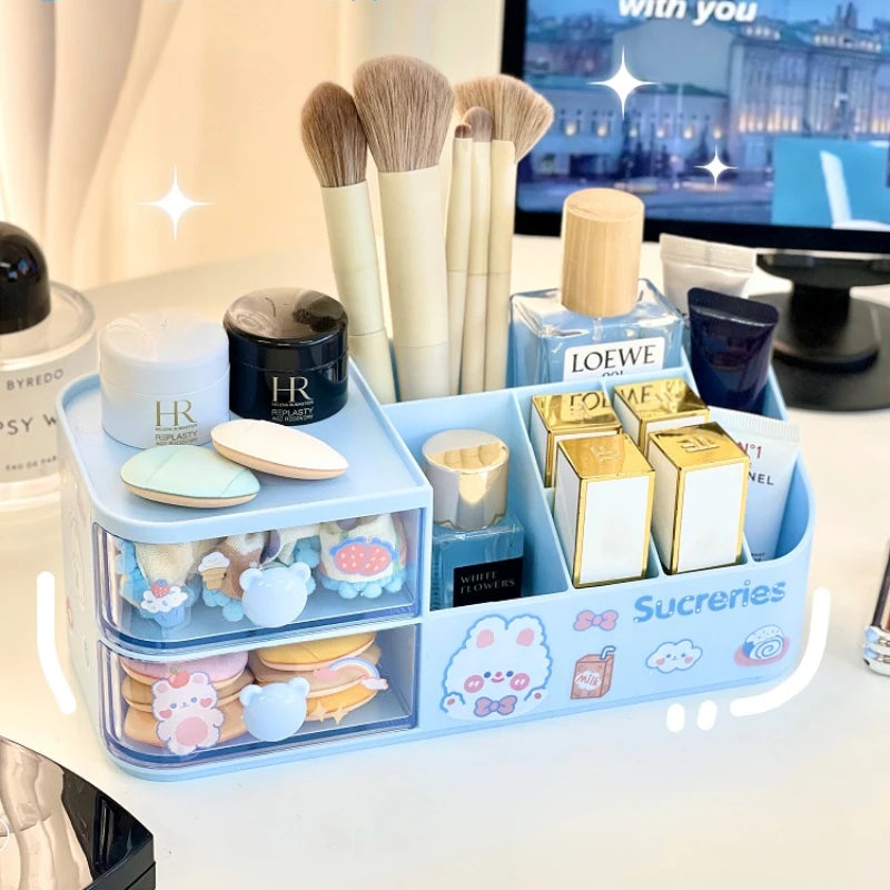 2024 New Desktop Storage Box Organizer Cute Bear Handle Drawer Type Desk Organizer Multi-grid Pen Holder with Kawaii