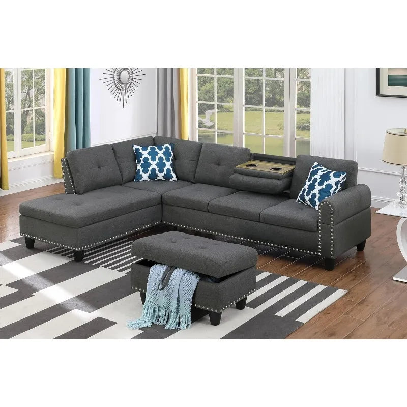 4 Seat Linen Upholstered Sectional Sofa Set 3 PCS W/Cup Holders & Coffee Table,for Home,Office,Dark Gray - Gray