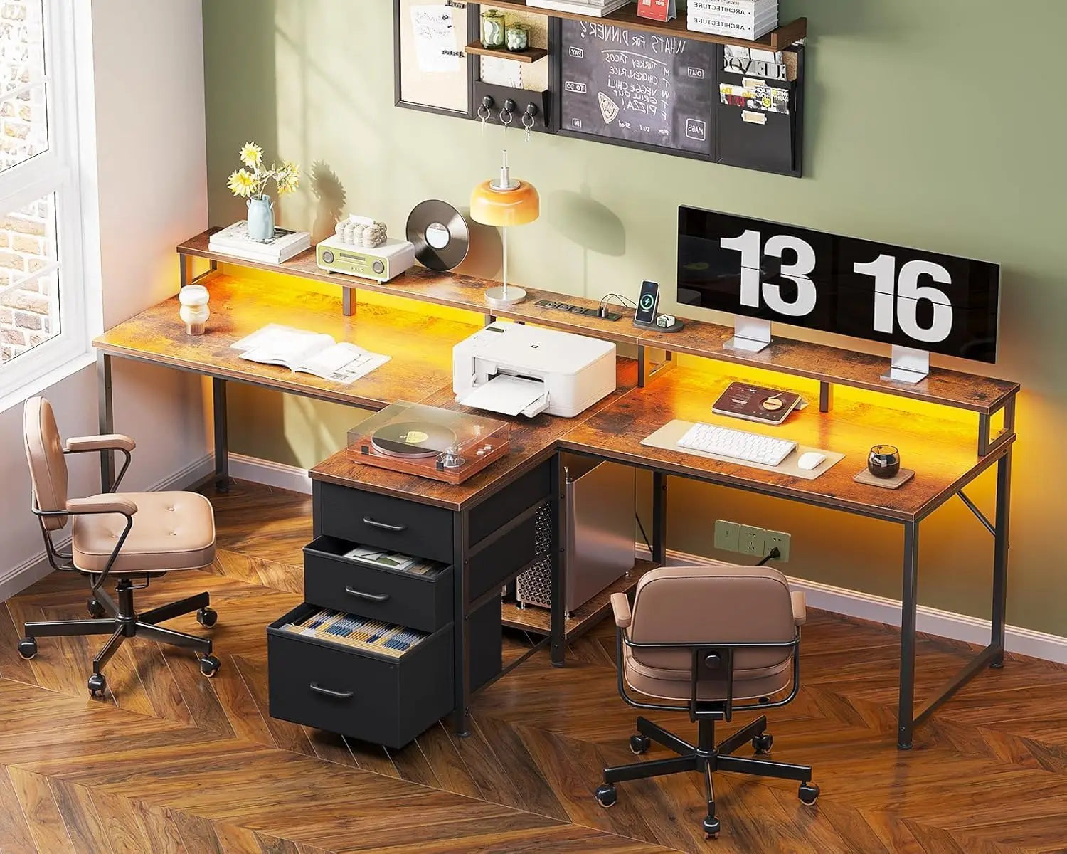 94 Inch 2 Person Home Office Computer Desk with Power Outlet & LED Light Fabric Drawers & File Cabinet Long Writing