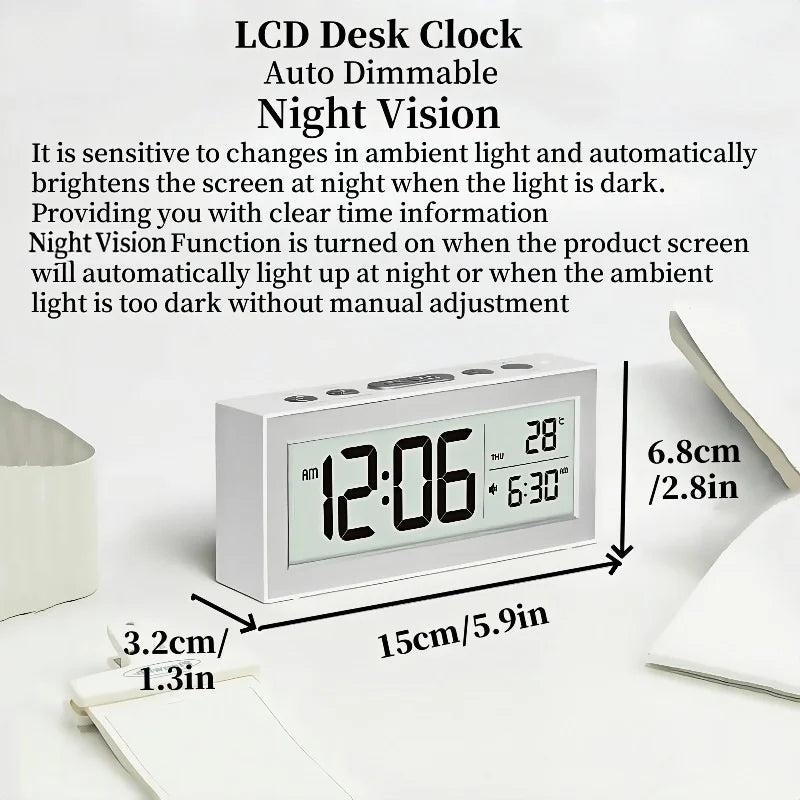 Battery Powered Digital Alarm Clock TEMP Date Backlight Night Vision Unlimited Snooze Table Clock 12/24H Auto Dimmable