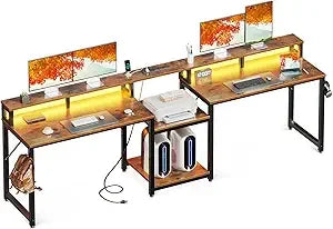 98 Inch 2 Person Gaming Desk with Storage Shelves- Long Double Home Office Computer Desks with USB Charging Port & LED