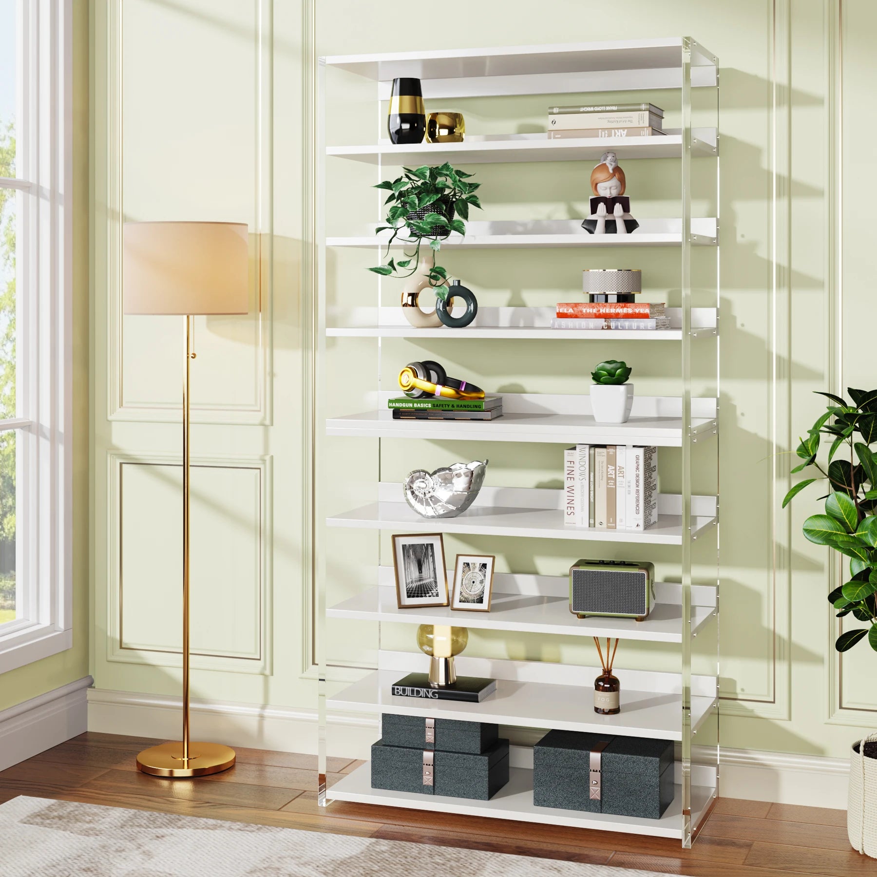 Tribesigns 8-Tier Acrylic Bookshelf Modern Bookcase with Wood Shelves 63’’ Display Storage Rack for Living Room Bedroom