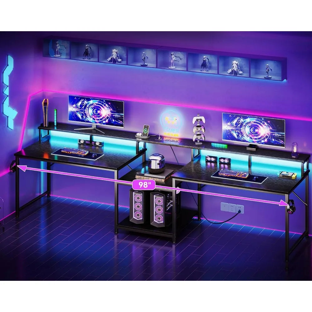 98 Inch 2 Person Gaming Desk with Storage Shelves- Long Double Home Office Computer Desks with USB Charging Port & LED