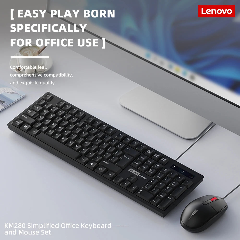 Lenovo 2-in-1 KM280 Wired Keyboard Mouse Combination Full-size Computer Office 3D Design Keyboards 1200DPI Mouse