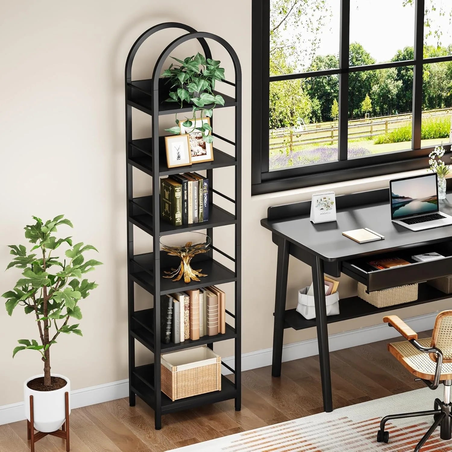 78.7’’ Tall Arched Bookcase 6-Tier Open Bookshelf Industrial Bookcase for Living Room Study Bedroom Black