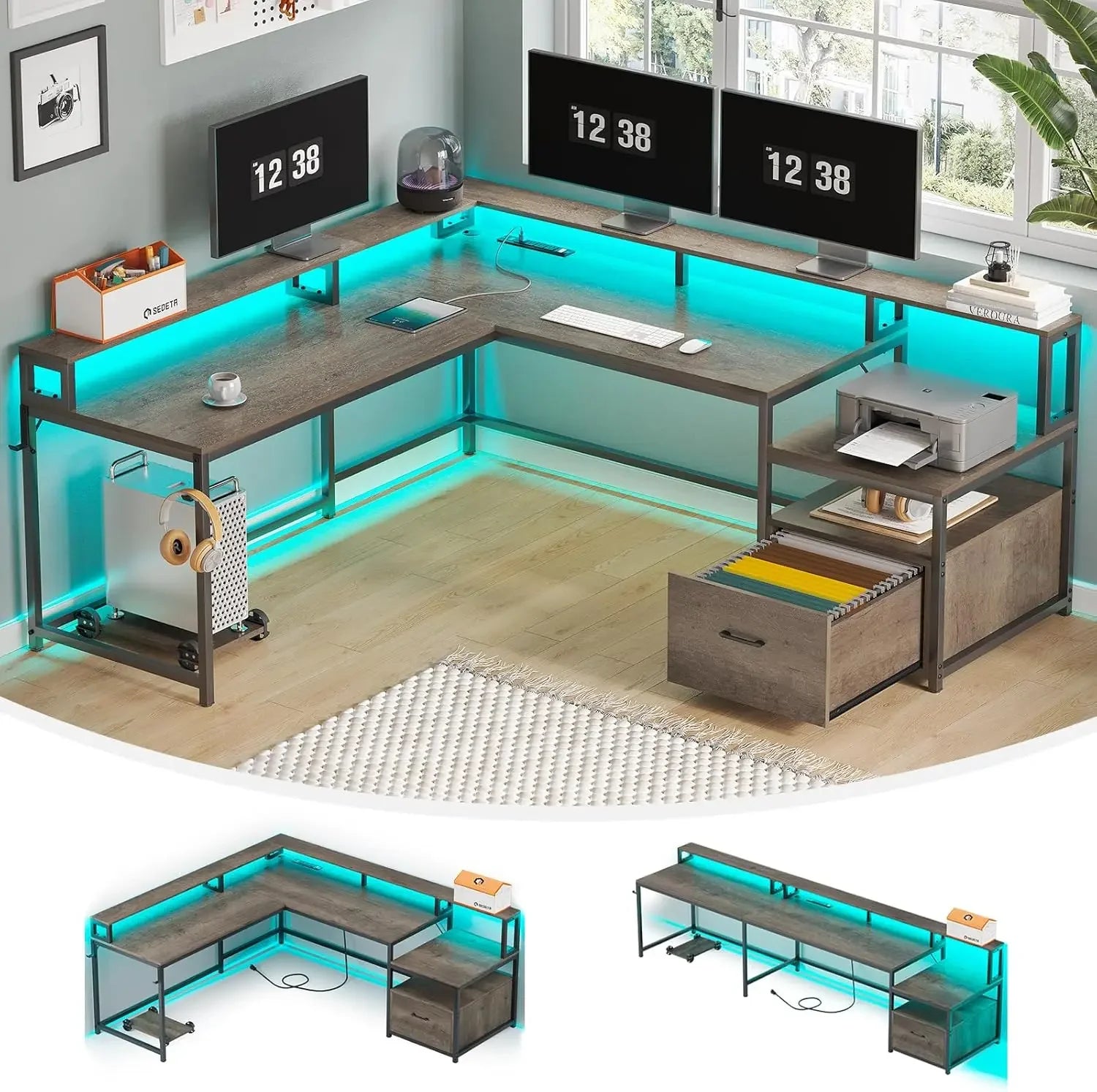 L Shaped Office Desk 66’’ Home Office Desk with File Drawer & Power Outlet Gaming Desk with Led Lights - Walnut