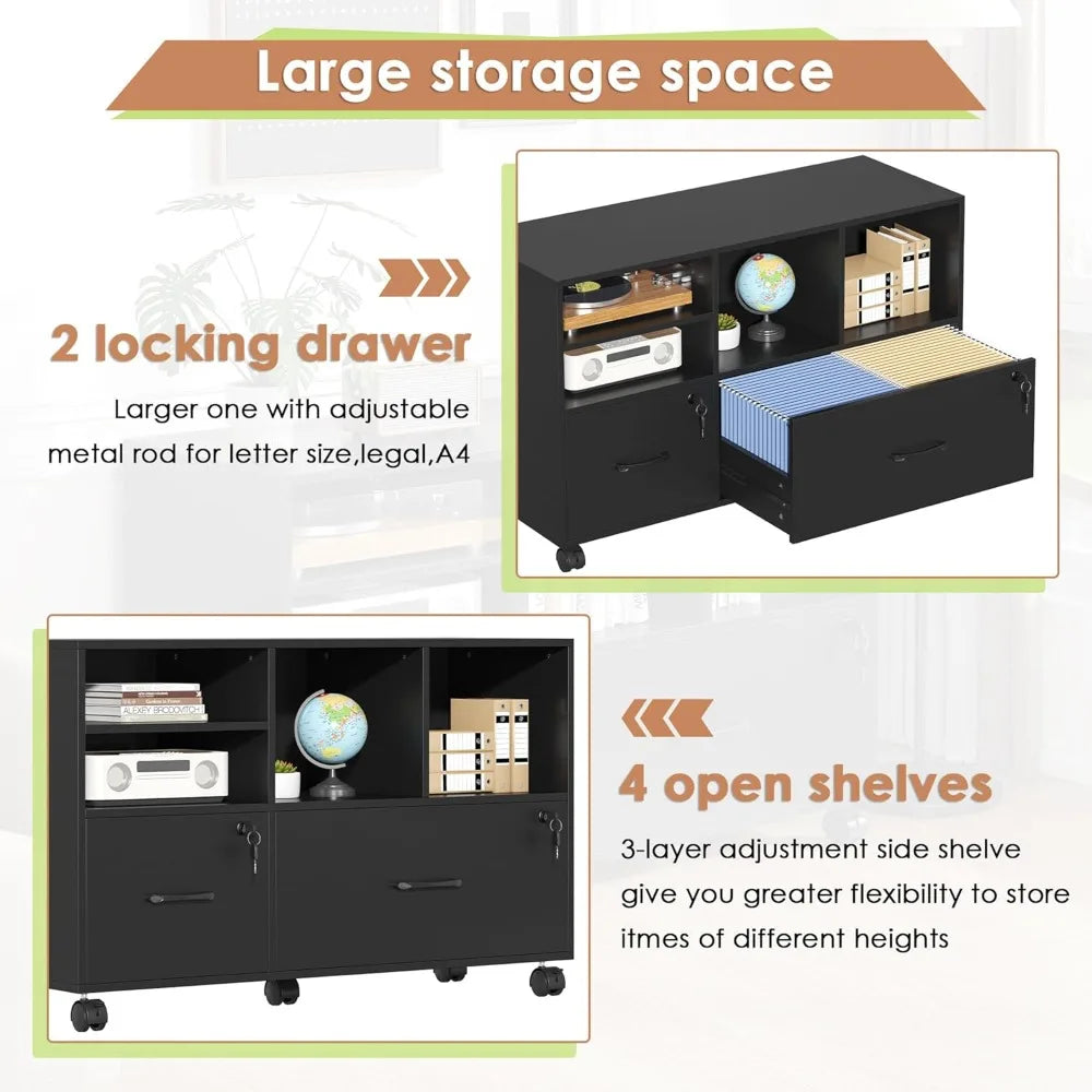 Wood Lateral File Cabinet with Lock,Lockable Rolling Filing Cabinet with Adjustable Storage Shelves,Printer Stand