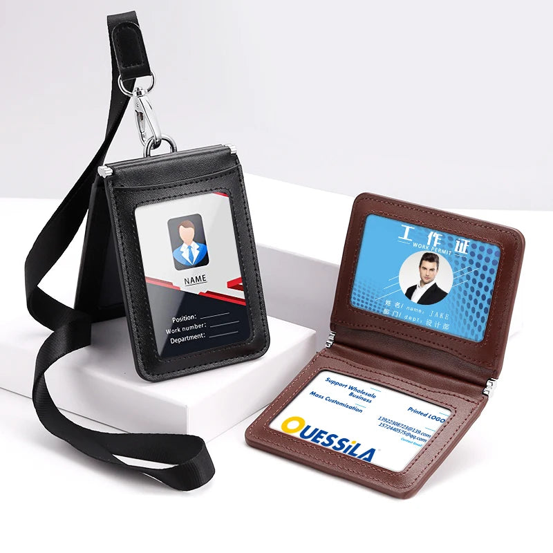 Top Grade Genuine Leather ID Badge Holder Business Cards Holders with Neck Lanyard Formal Staff Magnet Closed ID Card