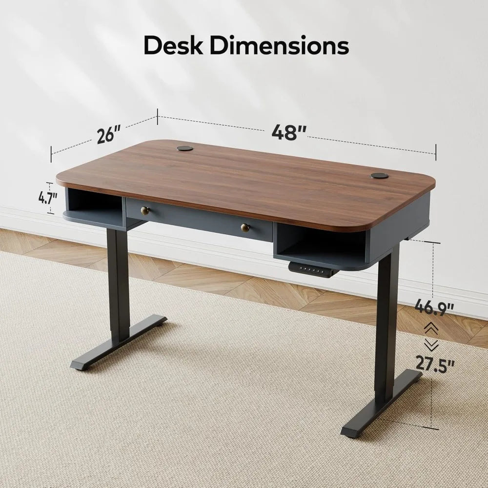 Whole Piece Mid Century Modern Electric Standing Desk with Drawer and Open Storage 48 x 24 Inches Sit Stand Home Office