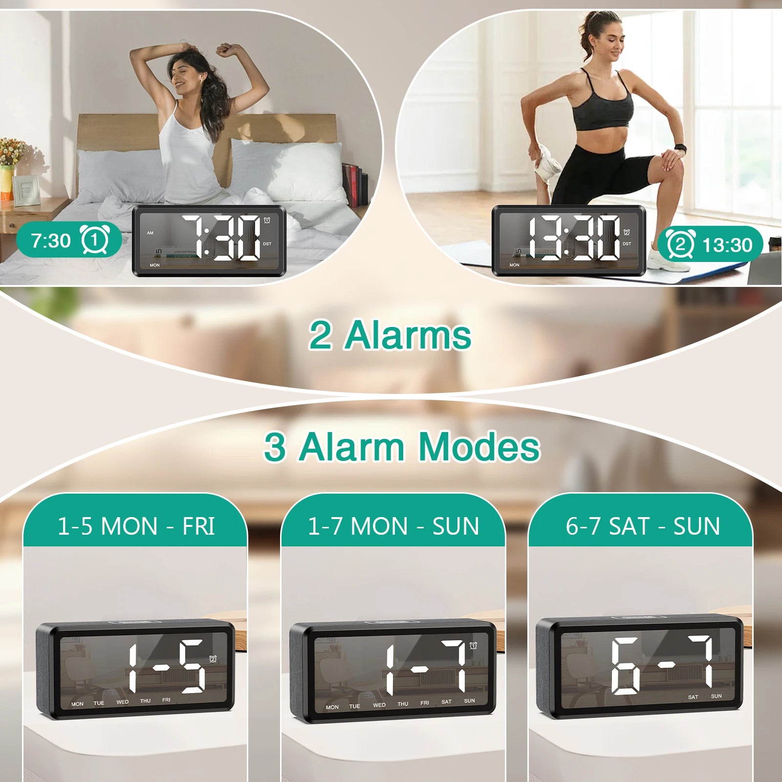 ORIA Wooden Grain Alarm Clock Digital LED Clock with Dual Alarm Desktop Alarm Clock with DST 12/24H Snooze for Home