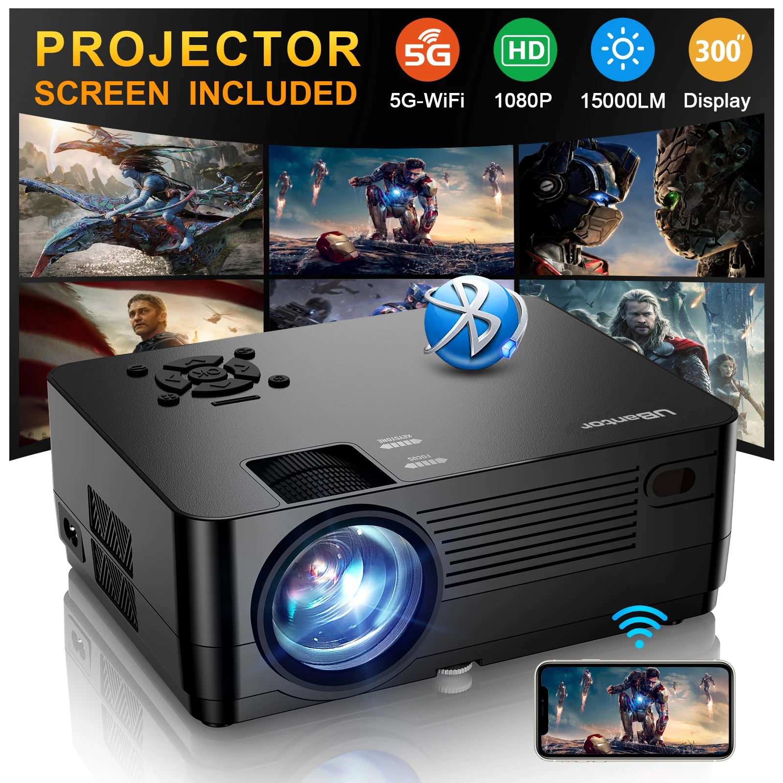 5G WiFi Native 1080P Projector[Projector Screen Included/15000LM Full HD Movie Projector/300’’ Display Support 4k Home