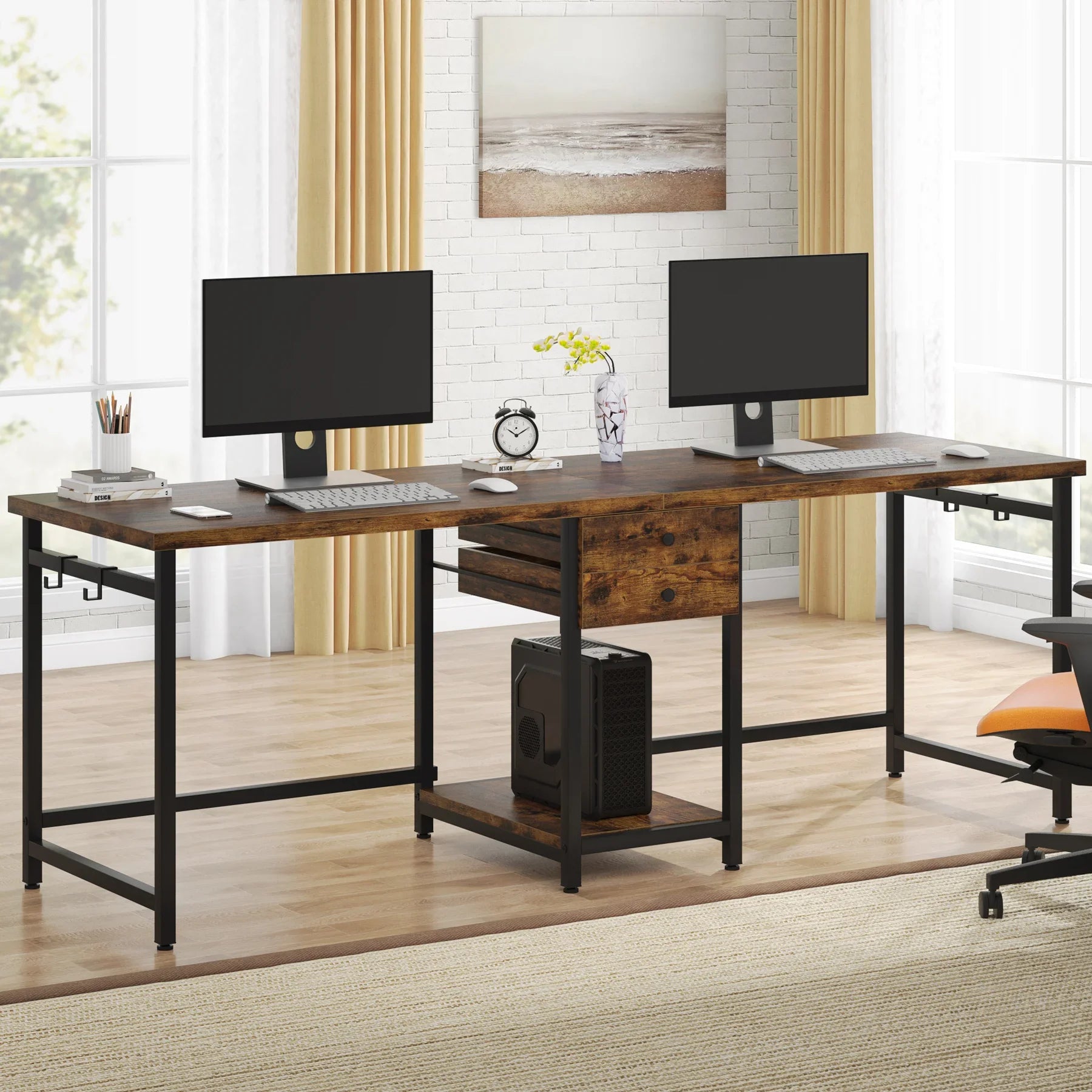 Tribesigns 78.74’’ Two Person Desk with 2 Drawers Long Double Computer Desk Gaming Table with Shelves - Brown / United