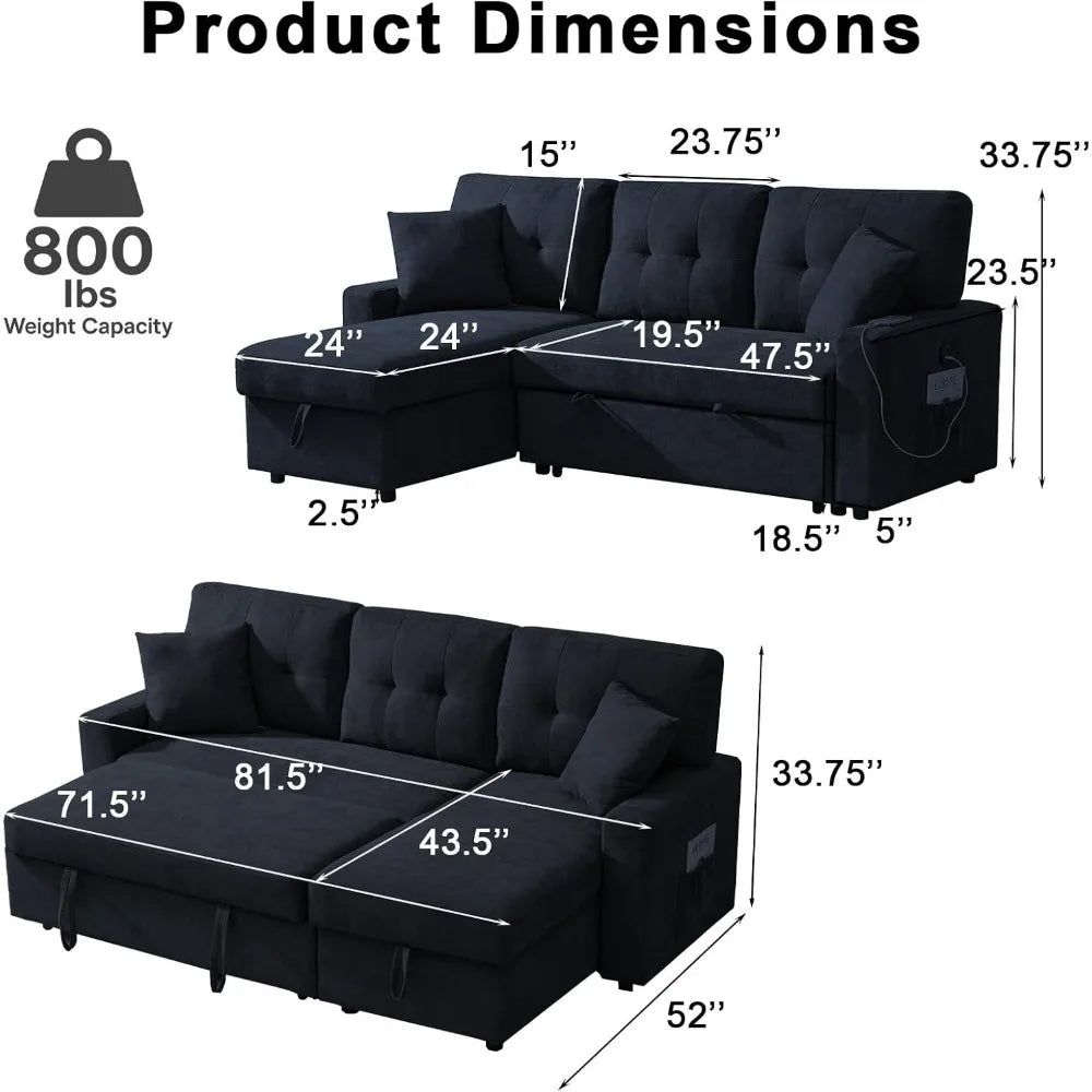 Modern L-Shaped Sofa Bed with Reversible Storage Chaise Black Convertible Sectional Sofa featuring USB Ports and 3-in-1