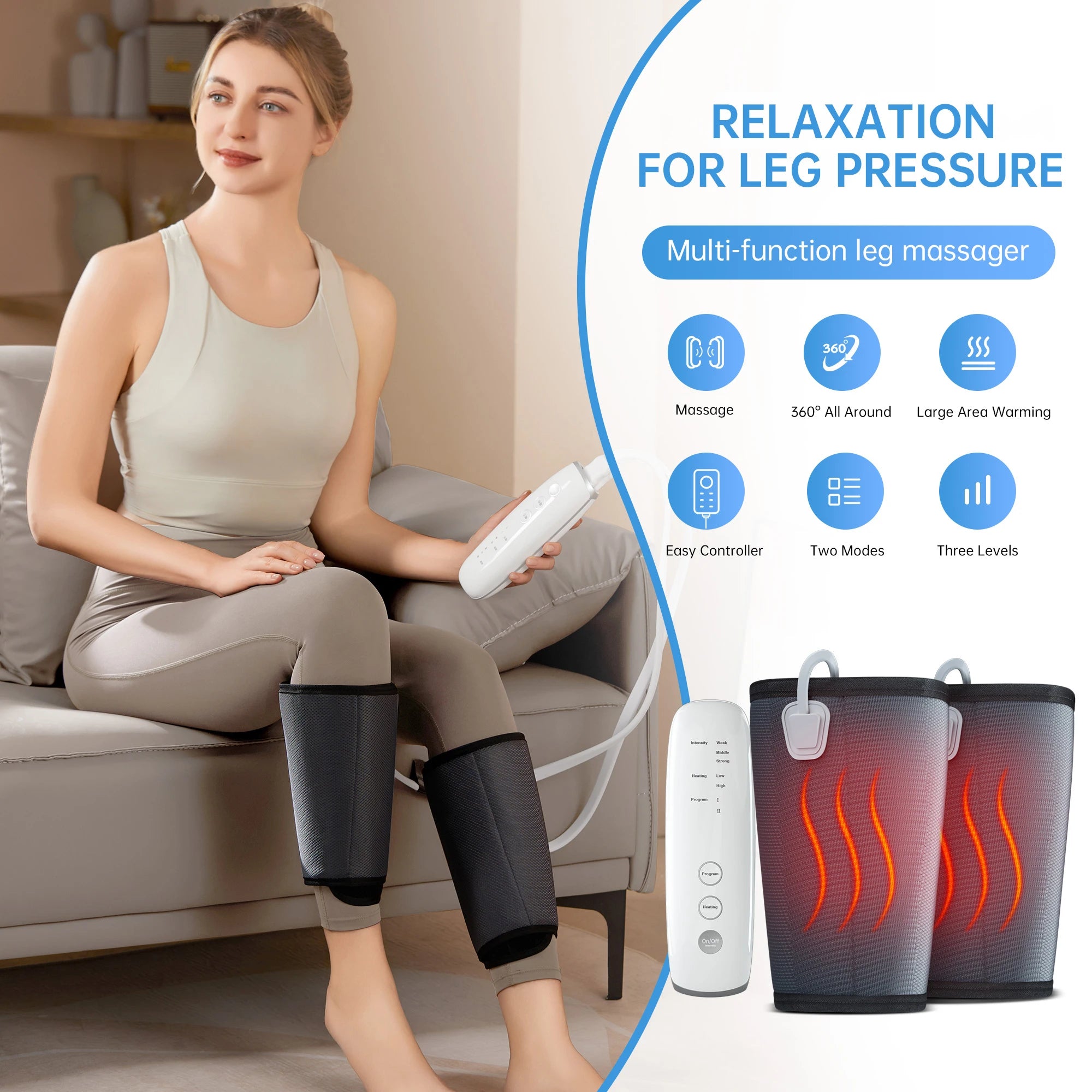 Air Compression Leg Massager for Circulation&Relaxation Calf Foot Arm 2 Modes 3 Intensity Remote Controller Ideal