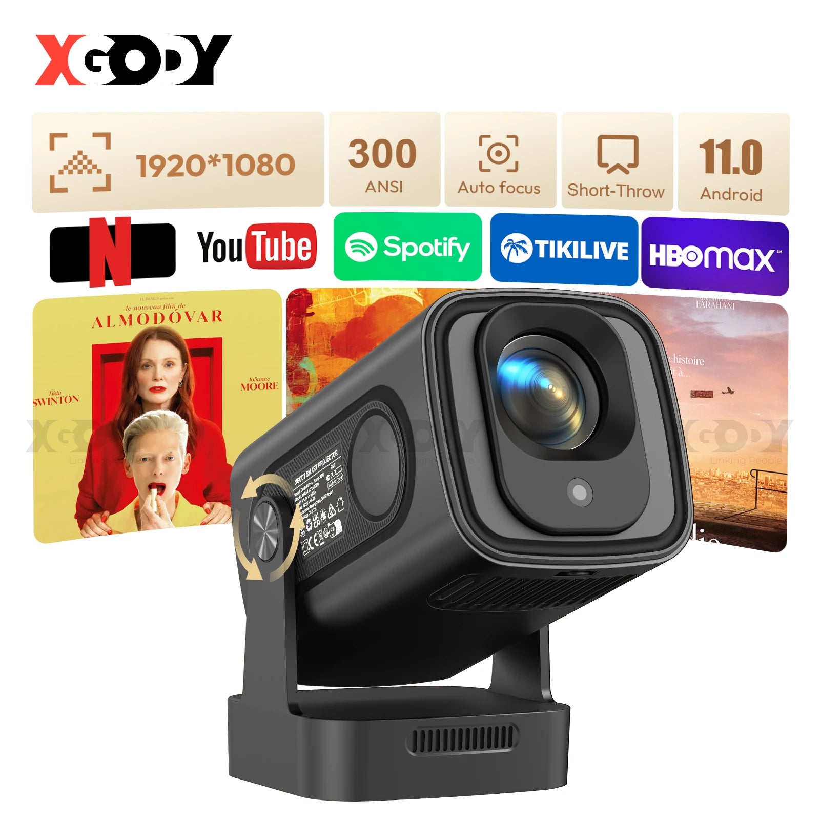 XGODY Gimbal5 PRO 4K HD 12000LMS Smart Projector Keystone Correction Native 1080p Dual WiFi Bluetooth Android Game Home
