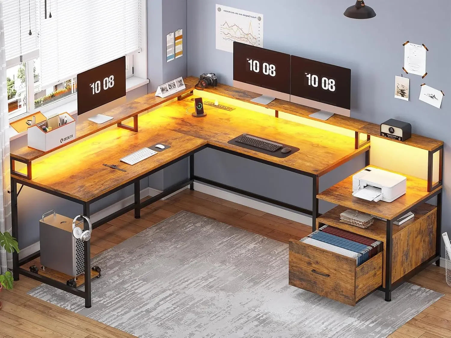 L Shaped Office Desk 66’’ Home Office Desk with File Drawer & Power Outlet Gaming Desk with Led Lights - Rustic Brown