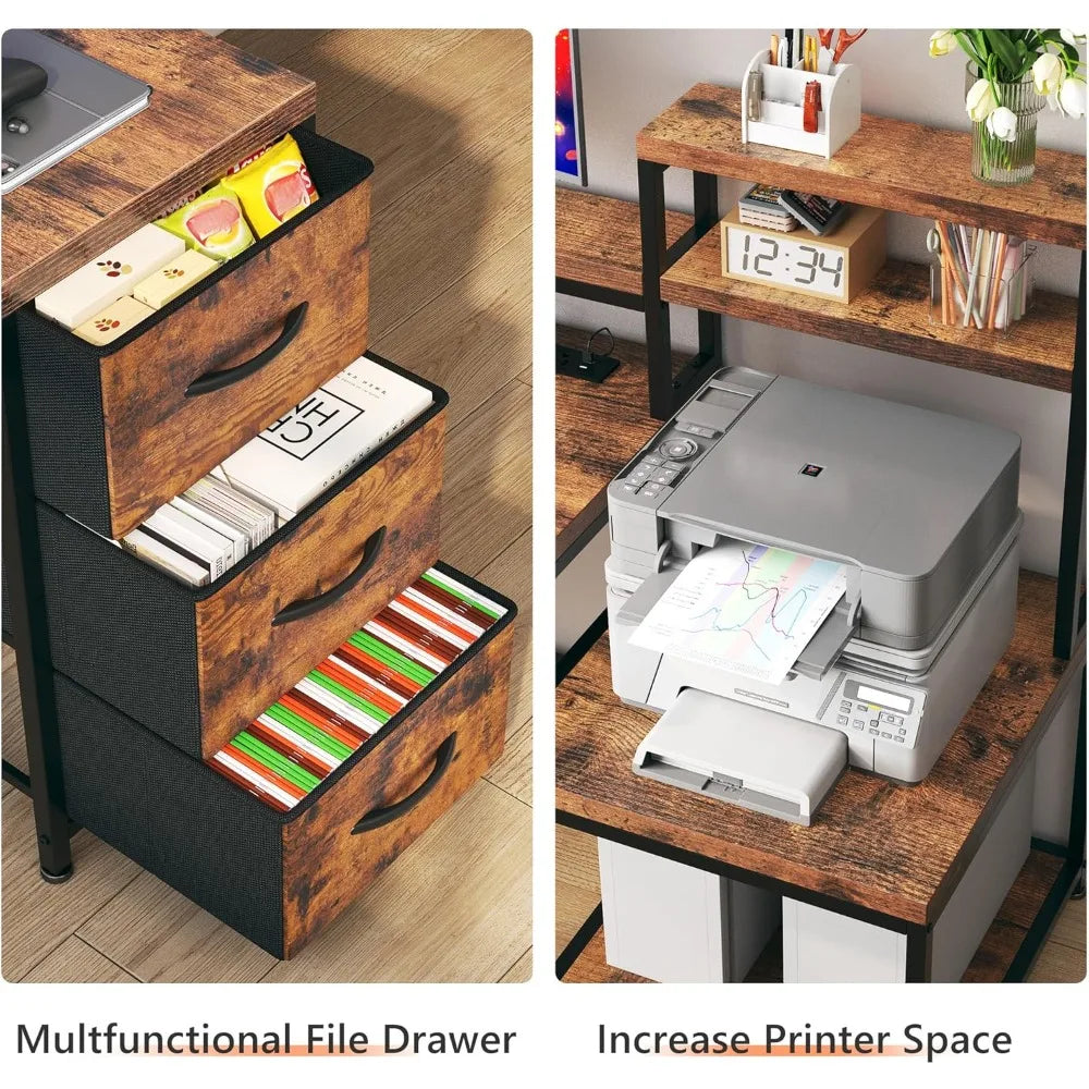 71’’ L Shaped Gaming Desk with LED Lights,Computer Desk with Drawers and Printer Shelf Power Outlet,Reversible Home