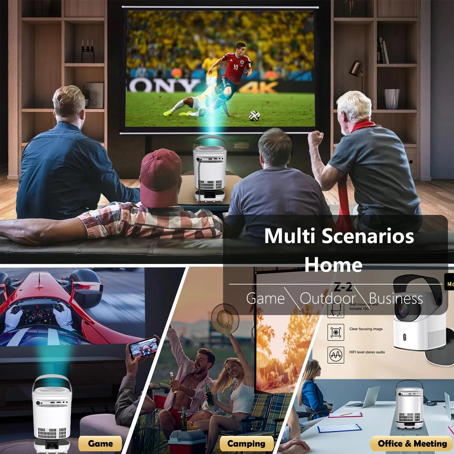 Portable Android Native 1080p Projector Support 4K 180°Adjustable Stand Wall Mount Design Wifi Bluetooth HDMI,USB,PC